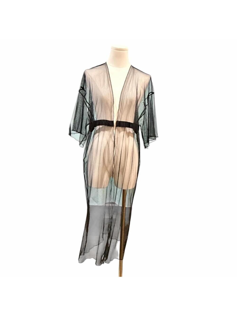 Charlotte Russe Black Sheer Mesh Maxi Duster Kimono Dress Medium Lettuce Ruffle - Picture 2 of 12
